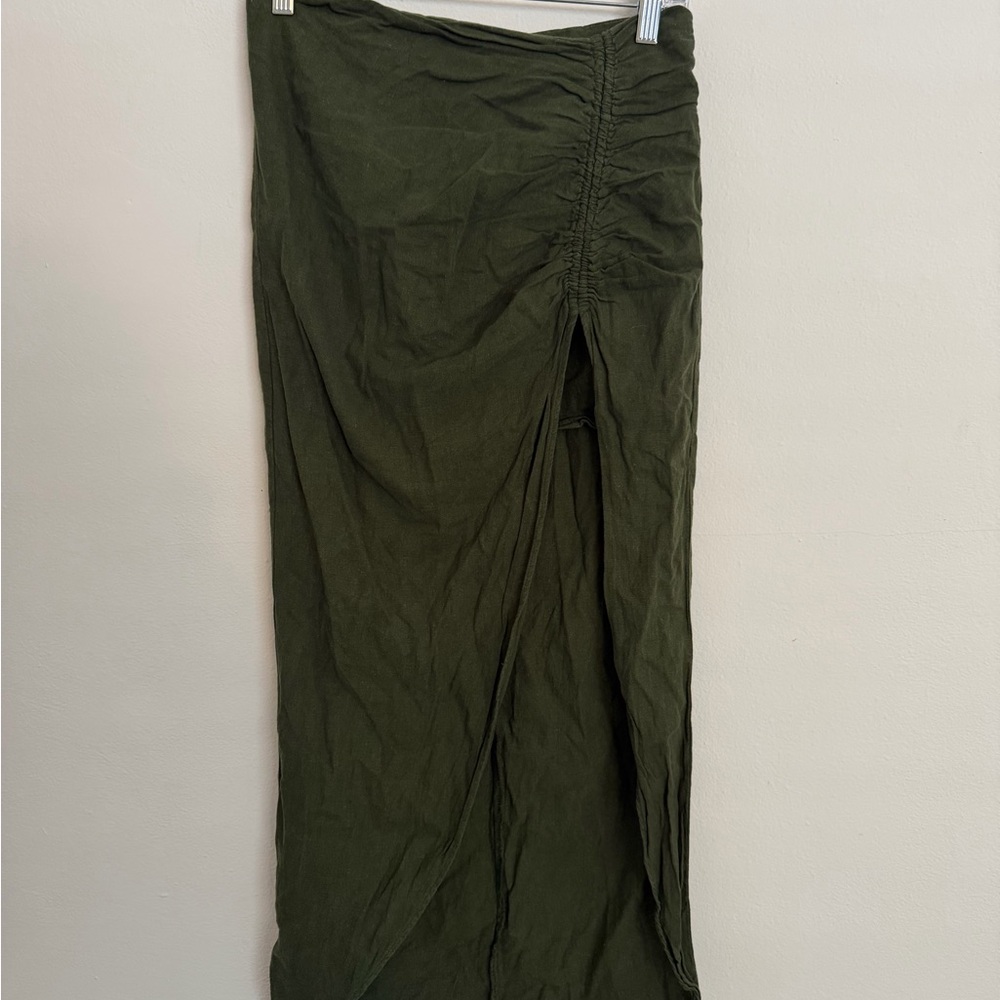 Zara Olive Green Maxi Skirt with Side Ruched Slit